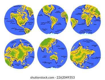 Cartoon Color Planet Earth Set Concept Flat Design Style. Vector illustration of World Map with Ocean and Land
