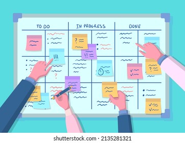 Cartoon Color Planning Board Concept Flat Design Style. Vector illustration of Whiteboard with Table and Notes Sticky