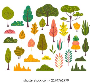 Iconos de arboles y plantas de color de dibujos animados establecen el estilo de diseño plano del concepto de temporada de otoño. Ilustración vectorial del follaje estacional amarillo