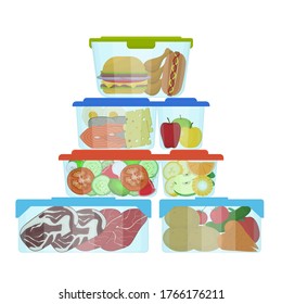 Cartoon Color Plastic Containers with Food Set Include of Fruit, Tomato and Cheese. Vector illustration of Container