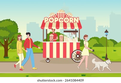 Cartoon Color Popcorn Street Food Cart and Visitors Park Concept Landscape Scene Flat Design Style. Vector illustration