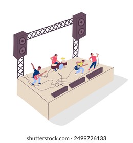 Cartoon Color Popular Band on Stage 3d Isometric View Music Festival Concept. Vector illustration of Characters People Musicians