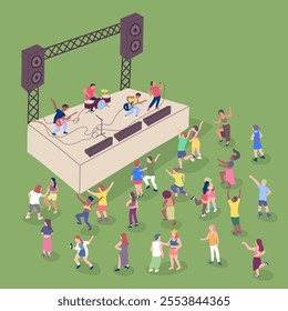 Cartoon Color Popular Band on Stage and Crowd Dancing Around 3d Isometric View Music Festival Concept. Vector illustration of Characters People Musicians