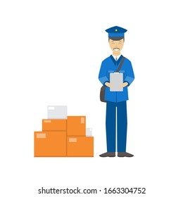 Cartoon Color Postman Male Character Person Delivery Occupation and Profession Concept Element Flat Design Style. Vector illustration of Pile Package