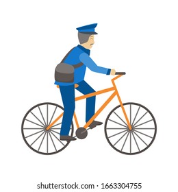 Cartoon Color Postman Male Character Person and Bike Delivery Occupation and Profession Concept Element Flat Design Style. Vector illustration