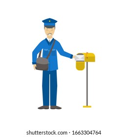 Cartoon Color Postman Male Character Person Delivery Occupation and Profession Concept Element Flat Design Style. Vector illustration of Mailman