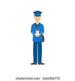 Cartoon Color Postman Male Character Person holding Envelope Delivery Occupation and Profession Concept Element Flat Design Style. Vector illustration