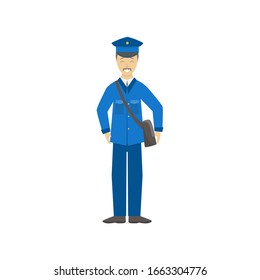 Color de caricatura Persona de Carácter masculino de Postman con diseño plano de elementos de diseño con entrega de bolsa y diseño de profesión. Ilustración del vector