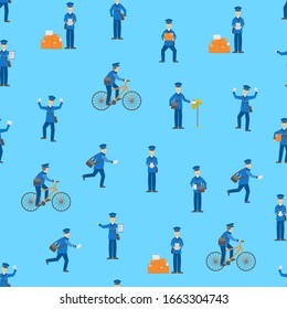 Cartoon Color Postman Male Characters Seamless Pattern Background on a Blue Delivery Occupation and Profession Concept Element Flat Design Style. Vector illustration