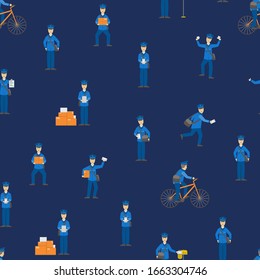 Cartoon Color Postman Male Characters Seamless Pattern Background Delivery Occupation and Profession Concept Element Flat Design Style. Vector illustration
