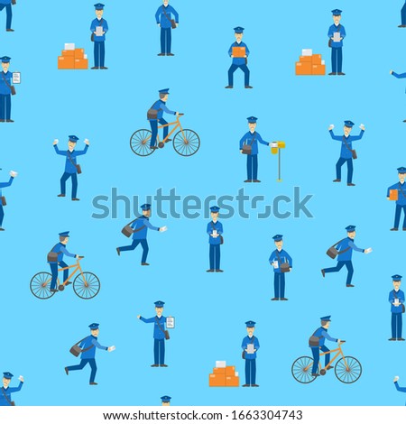 Cartoon Color Postman Male Characters Seamless Pattern Background on a Blue Delivery Occupation and Profession Concept Element Flat Design Style. Vector illustration