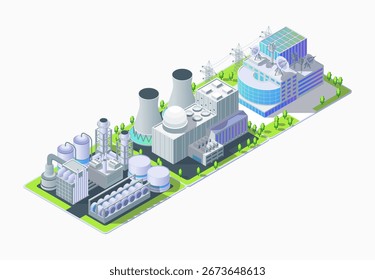 Cartoon Color Power Grid Control Center, Nuclear Power Plant and Petrochemical Plant Industrial Energy Building Concept 3d Isometric View. Vector illustration