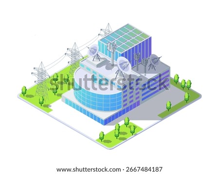 Cartoon Color Power Grid Control Center Object Industrial Energy Building Concept 3d Isometric View Isolated on a White. Vector illustration
