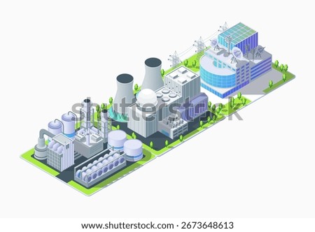 Cartoon Color Power Grid Control Center, Nuclear Power Plant and Petrochemical Plant Industrial Energy Building Concept 3d Isometric View. Vector illustration