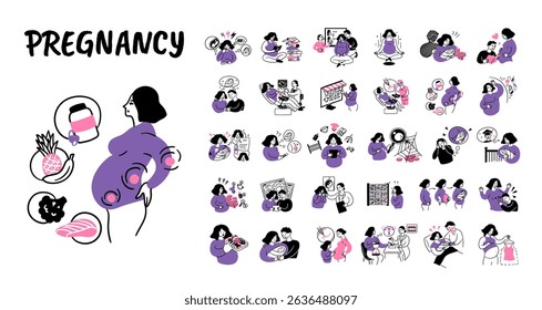 Cartoon Color Pregnancy Scenes Concept Set Flat Design Style with Elements Thin Line. Vector illustration of Planning and Reproductive Function Problems