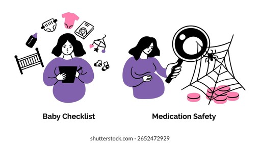 Cenas de Gravidez de Cor de Desenho Animado Conceito Defina Checklist Bebê e Medicação Segurança Estilo de Design Plano com Elementos Linha Fina. Ilustração vetorial