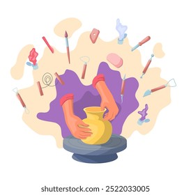 Cartoon Color Process of Creating Ceramics Concept Flat Design Style for Pottery Workshop or Studio. Vector illustration