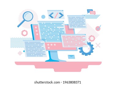 Cartoon Color Programming Software Concept Flat Design Style Include of Computer Monitor Screen and Coding Process . Vector illustration