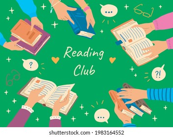 Cartoon Color Reading Club Concept Banner Poster Card Flat Design Style. Vector illustration of Many Hands Holding Books