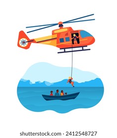 Helicóptero de rescate a color de caricatura y refugiados en barco Misión Rescate en el mar o Inundación Concepto de diseño plano. Ilustración del vector