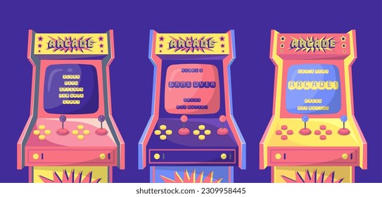 Cartoon Color Retro Arcade Game Machine Interface Screen Set Gaming Concept Flat Design Style. Vector illustration