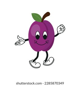 Cartoon Color Retro Character Plum Sticker Icon Concept Flat Design Style. Vector illustration of Fruit Mascot eps 10