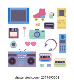 Cartoon Color Retro Eighties and Nineties Elements Set Concept Flat Design Style Include of Boombox and Audio Cassette. Vector illustration