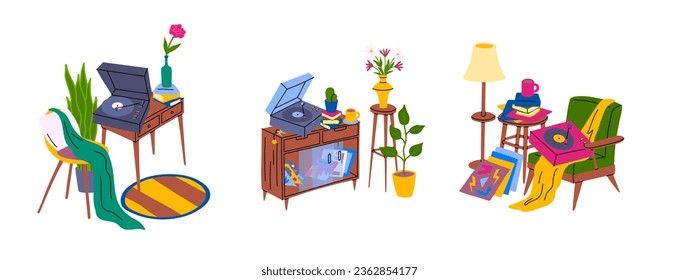 Mobiliario retro de color de caricatura con reproductor de registro de vinilo para el interior del hogar Concepto de diseño plano. Ilustración del vector