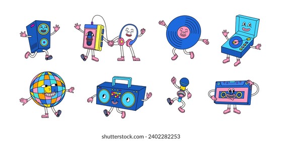 Colores de dibujos animados Mascotas de música retro Concepto de conjunto vintage Estilo de diseño plano Incluye cassette de audio y boombox. Ilustración del vector