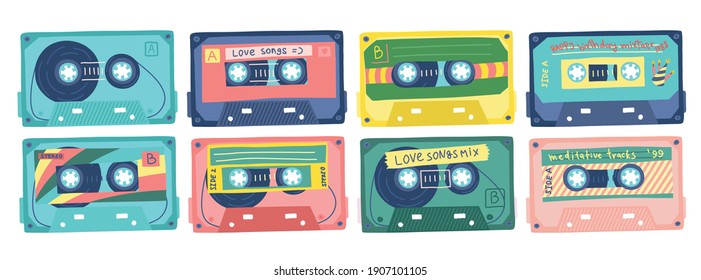 Cartoon Color Retro Vintage Tape Cassettes Icons Set Sound Concept Flat Design Style. Vector illustration of Icon