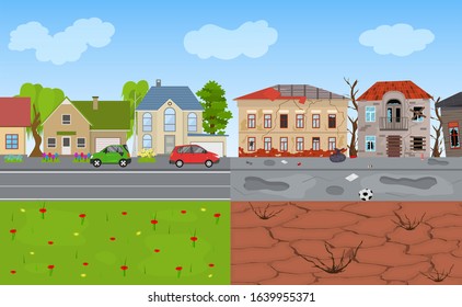 Cartoon Color Rich and Poor City Landscape Background Scene Flat Design Contrast Concept. Vector illustration of Architecture Building