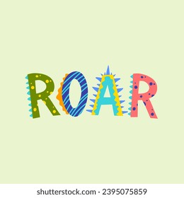 Cartoon Color Roar Word Comic Dino Alphabet for Invitation Flat Design Style. Vector illustration of Cute Dinosaur Hand Drawn Letters