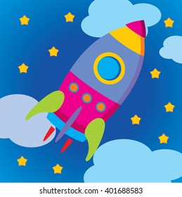 cartoon color  rocket-ship on sky