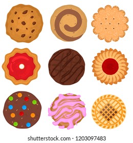 Cartoon Color Round Cookies Icons Set Sweet Dessert Concept Element Flat Design Style. Vector illustration of Cookie