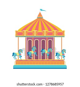 Cartoon Color Round Merry Go Round Carousel Carnival or Circus Amusement Entertainment Concept Flat Design. Vector illustration