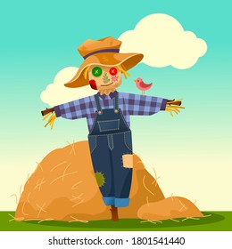 Cartoon Color Scarecrow Character on a Landscape Scene Flat Design Style. Vector illustration of Protection Farm and Harvest