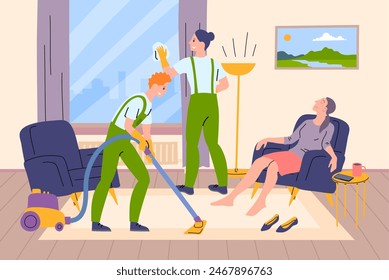 Personajes de la escena del color de la historieta Limpiador y mujer cansada en el concepto de la silla Estilo de diseño plano. Ilustración vectorial