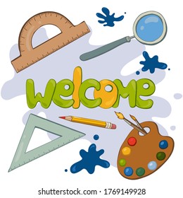 Cartoon color school banner. Vector illustration