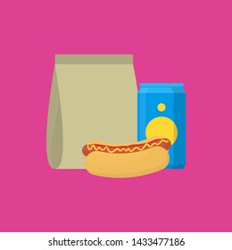 Cartoon Color School Lunch Food Box Include of Hot Dog and Paper Bag. Vector illustration