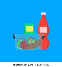 Cartoon Color School Lunch Food Box Include of Packed Vegetables. Vector illustration