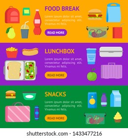 Cartoon Color School Lunch Food Boxes Banner Horizontal Set Include of Sandwich, Fruit, Milk, Cup with Straw and Fried. Vector illustration