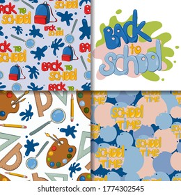 Cartoon color school seamless patterns. Vector illustration