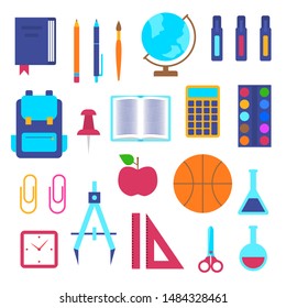 Cartoon Color School Supplies Icon Set Include of Pencil, Scissors, Pen, Ruler, Globe, Calculator and Bag. Vector illustration of Icons