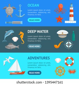 Cartoon Color Sea Banner Horizontal Set Flat Design Style Include of Fish, Anchor, Lighthouse, Ship, Crab and Starfish. Vector illustration of Icon
