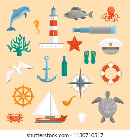 Cartoon Color Sea Icons Set Flat Design Style Include of Fish, Anchor, Lighthouse, Ship, Crab and Starfish. Vector illustration of Icon