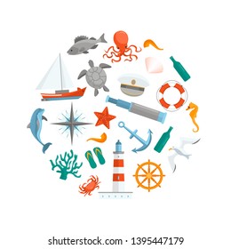 Cartoon Color Sea Round Design Template Ad Flat Design Style Include of Fish, Anchor, Lighthouse, Ship, Crab and Starfish. Vector illustration of Icon