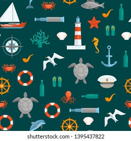 Cartoon Color Sea Seamless Pattern Background Flat Design Style Include of Fish, Anchor, Lighthouse, Ship, Crab and Starfish. Vector illustration of Icon