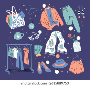 Cartoon Color Second Hand Store Concept Goods and Clothes Set Flat Design Style. Vector illustration of of Used Garment