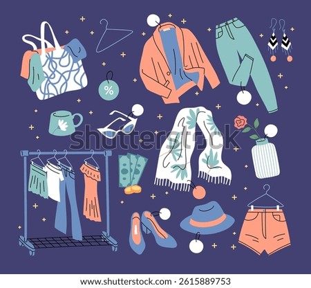 Cartoon Color Second Hand Store Concept Goods and Clothes Set Flat Design Style. Vector illustration of of Used Garment