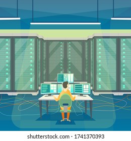 Cartoon Color Server Room Inside Interior and Admin Center Network Technology for Business Concept Element Flat Design Style. Vector illustration